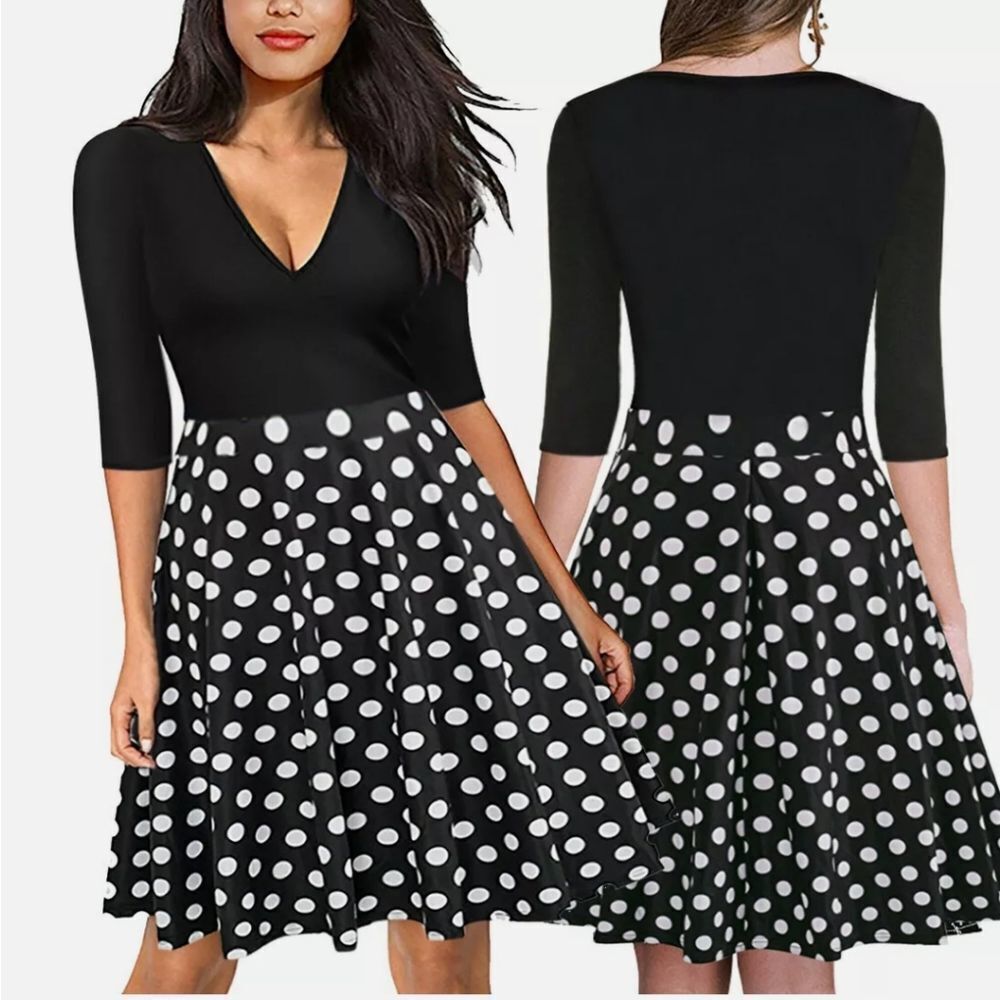 Summer Womens Deep V-Neck Bodycon Polka Dot Long Sleeve Evening Party Mini Dress